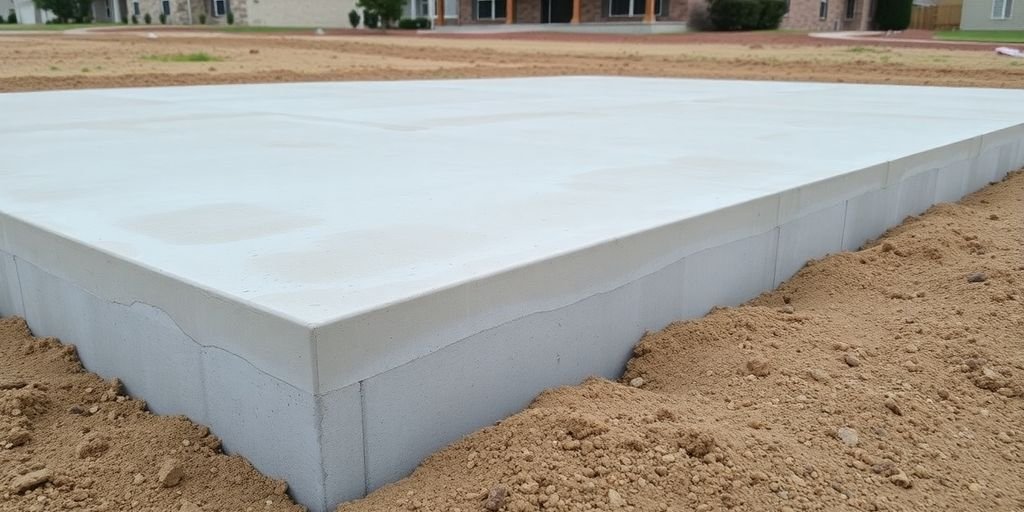 Concrete slab foundation in a residential setting.