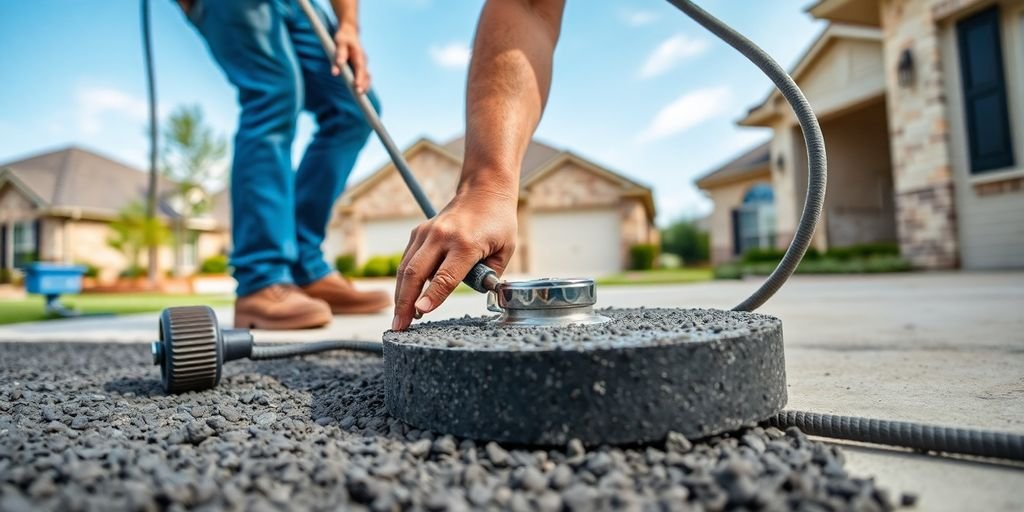 Concrete contractor working on a driveway in Grand Prairie.