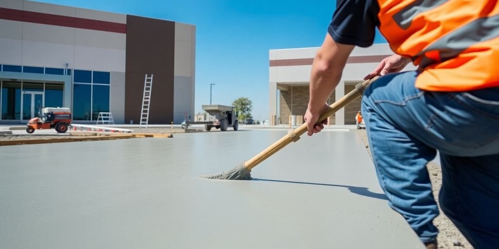 Contractor pouring concrete for commercial construction in Grand Prairie.