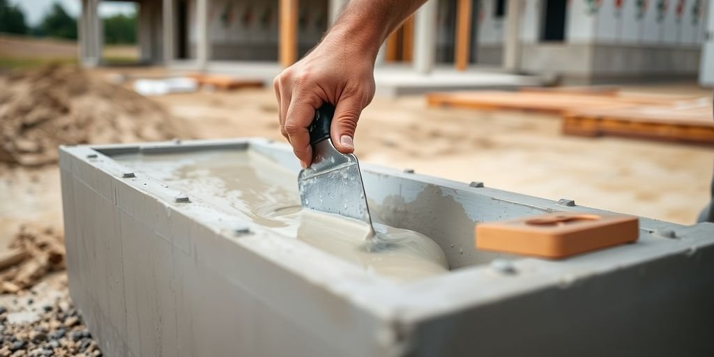 Concrete contractor pouring fresh concrete at a construction site.