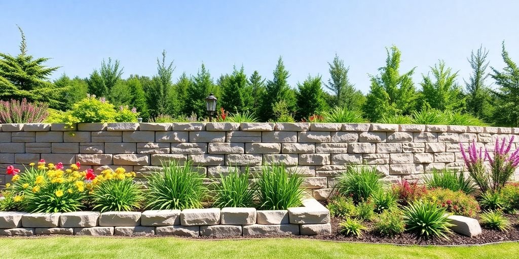 Concrete retaining wall in a vibrant garden setting.