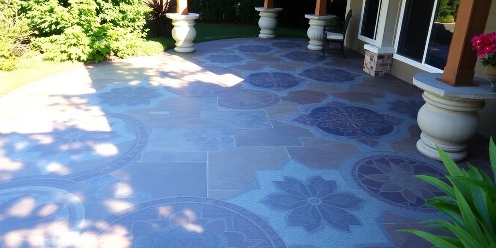 Decorative concrete patio surrounded by lush greenery.