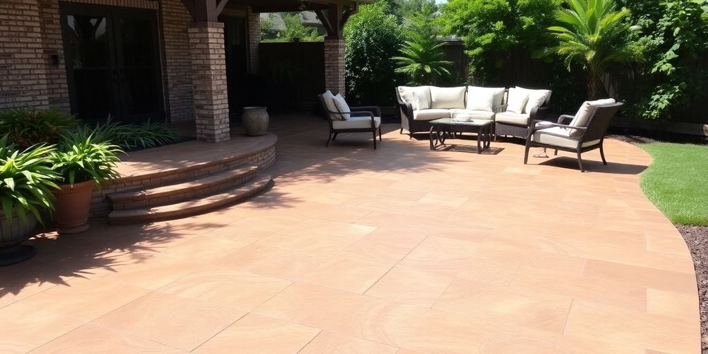 Stamped concrete patio with vibrant colors and lush greenery.